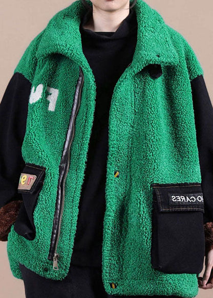 Boutique Green Embroideried Denim Patchwork Faux Fur Jackets Winter