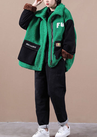 Boutique Green Embroideried Denim Patchwork Faux Fur Jackets Winter