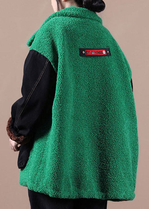 Boutique Green Embroideried Denim Patchwork Faux Fur Jackets Winter