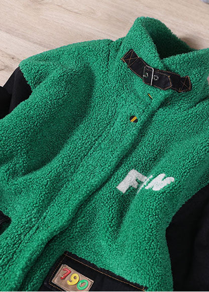 Boutique Green Embroideried Denim Patchwork Faux Fur Jackets Winter