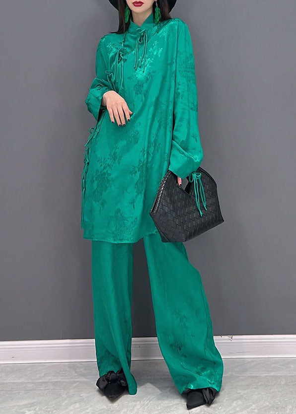 Boutique Green Mandarin Collar Tassel Silk Long Shirts and Straight Pants Two Pieces Set Long Sleeve