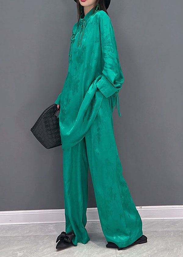 Boutique Green Mandarin Collar Tassel Silk Long Shirts and Straight Pants Two Pieces Set Long Sleeve
