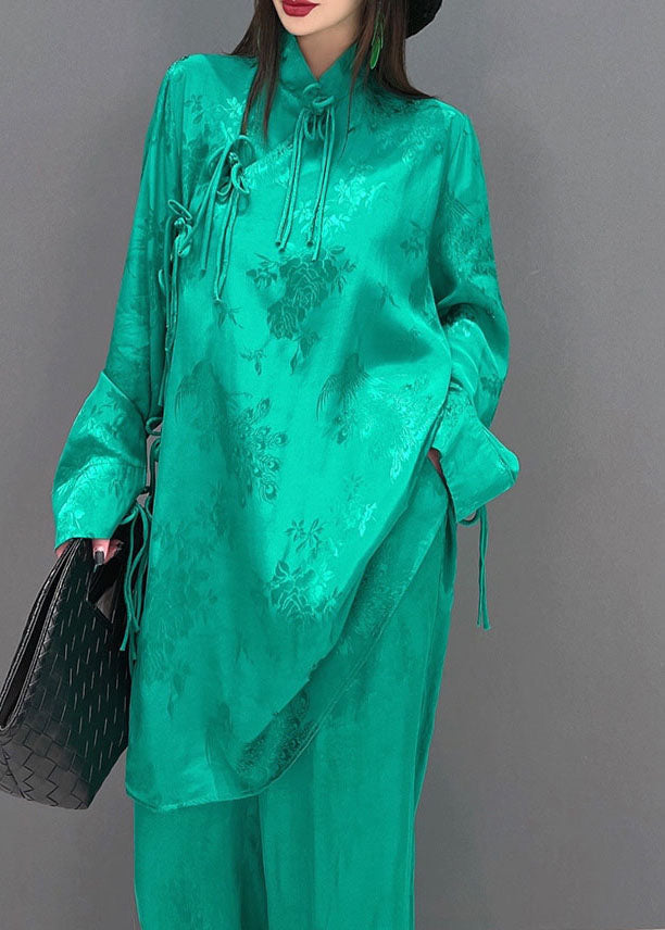 Boutique Green Mandarin Collar Tassel Silk Long Shirts and Straight Pants Two Pieces Set Long Sleeve