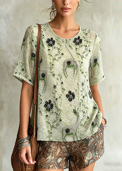 Boutique Green O-neck Patchwork Chiffon T Shirts Summer