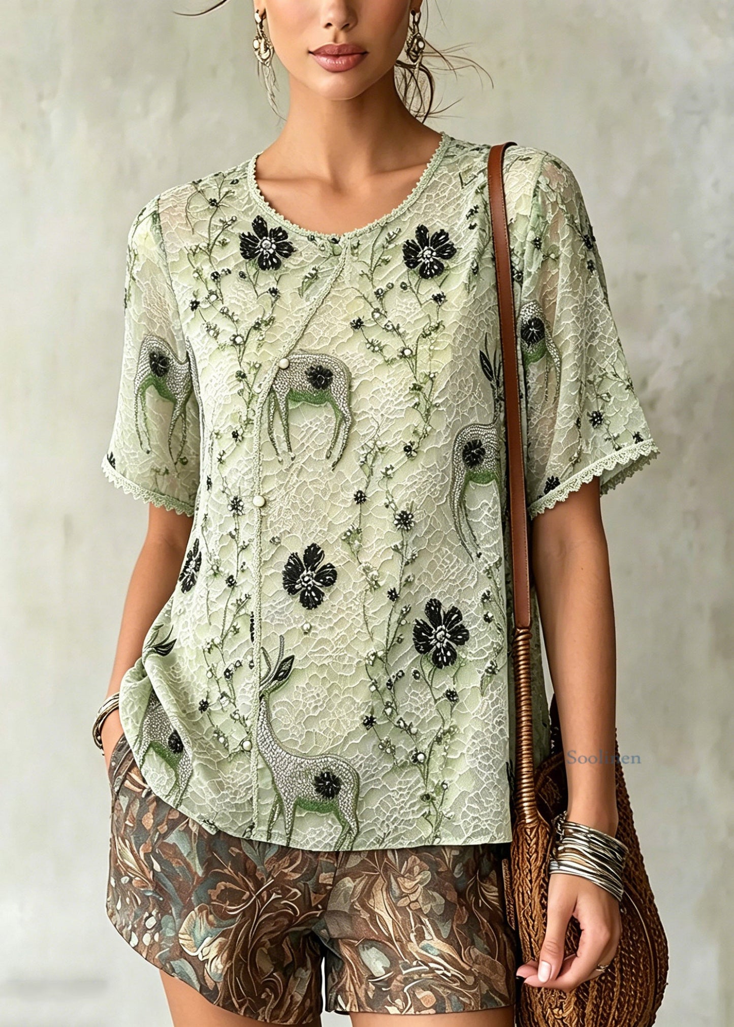 Boutique Green O-neck Patchwork Chiffon T Shirts Summer