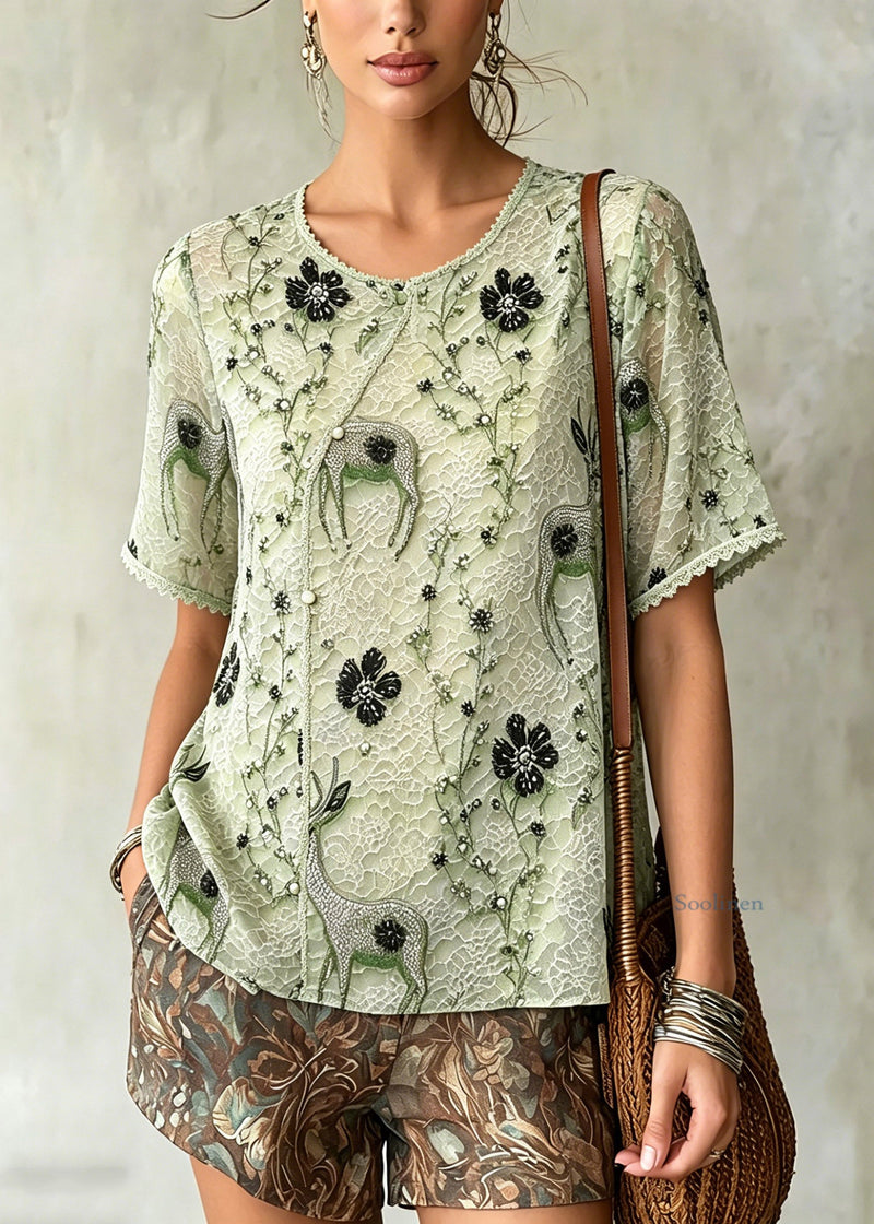 Boutique Green O-neck Patchwork Chiffon T Shirts Summer