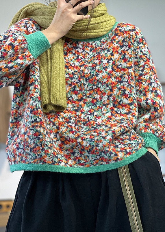 Boutique Green O-neck Patchwork Chunky Oversized Print Knit Pullover Winter