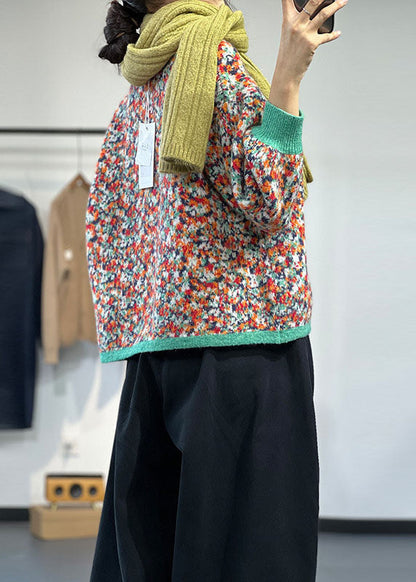 Boutique Green O-neck Patchwork Chunky Oversized Print Knit Pullover Winter