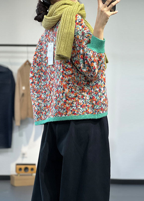 Boutique Green O-neck Patchwork Chunky Oversized Print Knit Pullover Winter