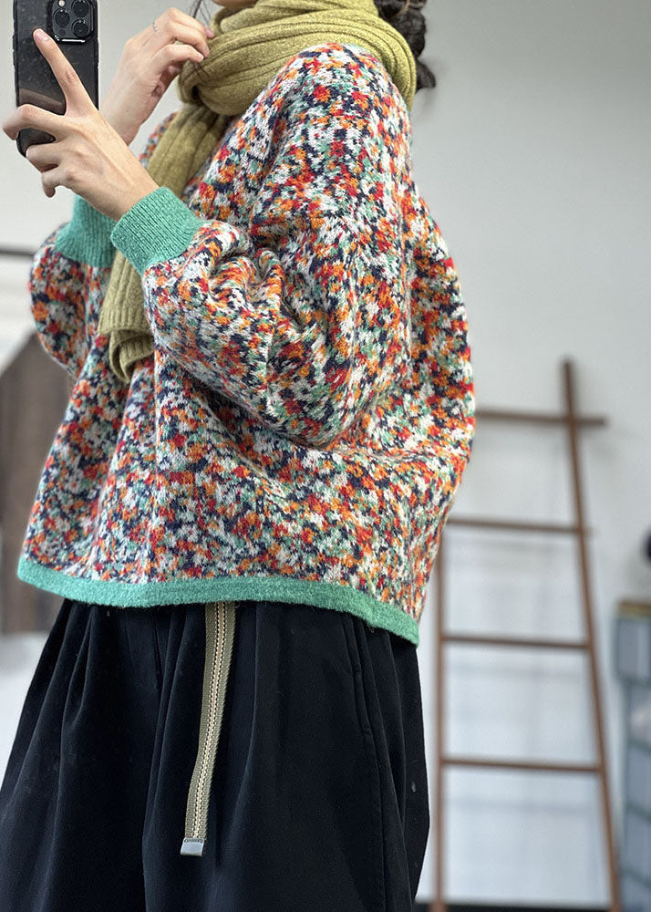 Boutique Green O-neck Patchwork Chunky Oversized Print Knit Pullover Winter