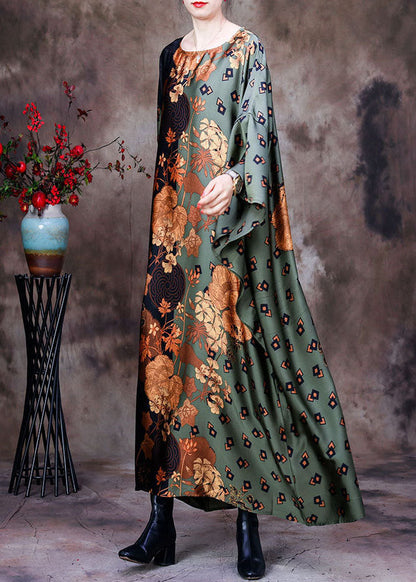 Boutique Green O-neck Patchwork Print Silk Holiday Dress Short Sleeve