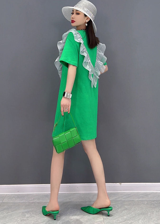 Boutique Green O-neck Patchwork Ruffles Cotton Mid Dress Short Sleeve