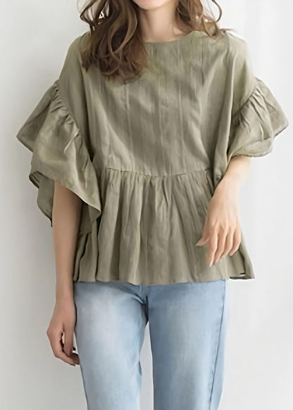 Boutique Green O-neck Patchwork Wrinkled Cotton a Line Blouse Tops Butterfly Sleeve