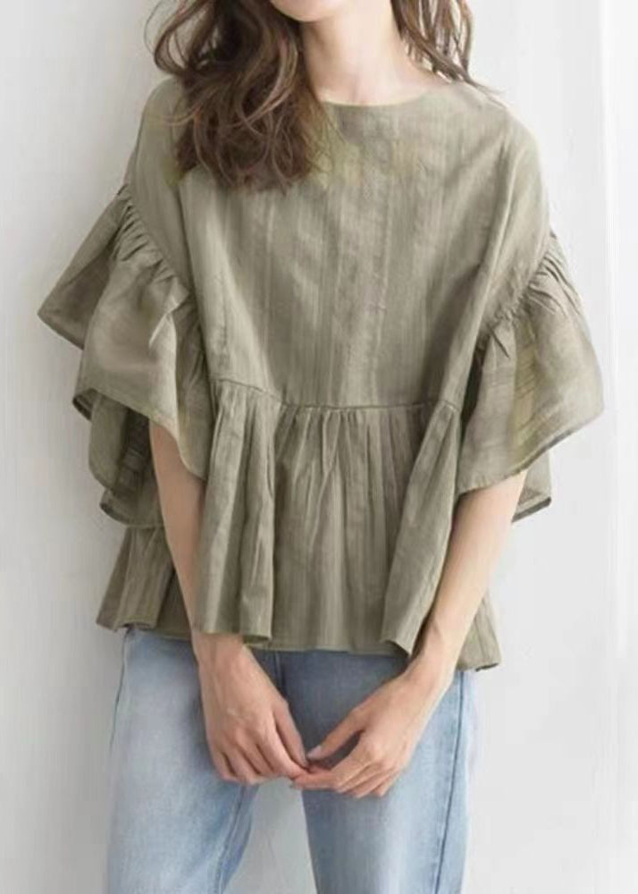 Boutique Green O-neck Patchwork Wrinkled Cotton a Line Blouse Tops Butterfly Sleeve