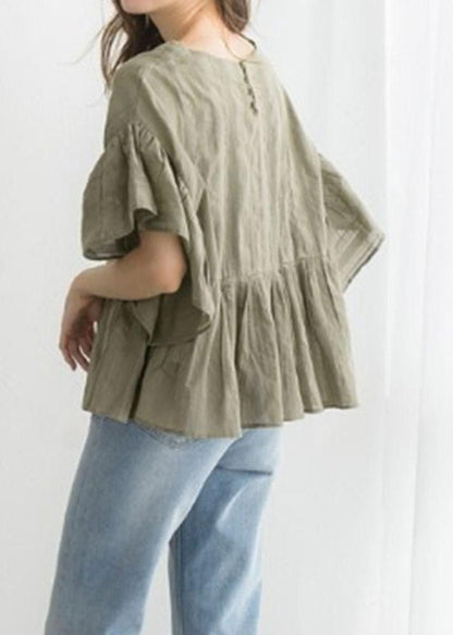 Boutique Green O-neck Patchwork Wrinkled Cotton a Line Blouse Tops Butterfly Sleeve
