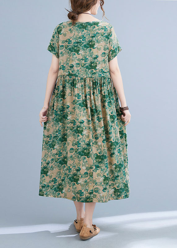 Boutique Green O-neck Tie Waist Print Wrinkled Cotton Linen Vacation Dress Short Sleeve