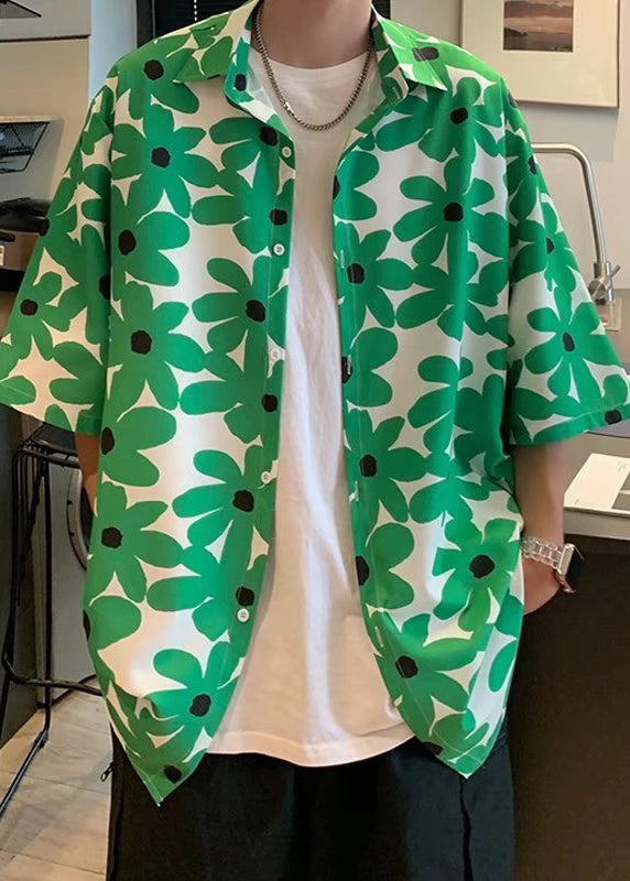 Boutique Green Peter Pan Collar Print Hawaiian Shirts Summer