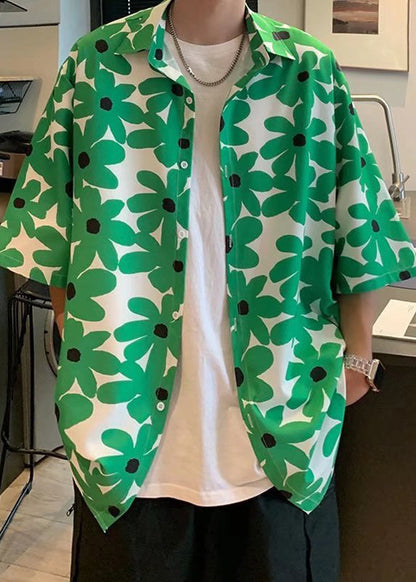 Boutique Green Peter Pan Collar Print Hawaiian Shirts Summer