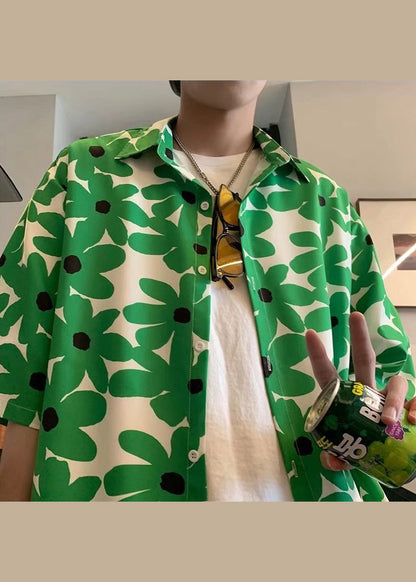 Boutique Green Peter Pan Collar Print Hawaiian Shirts Summer