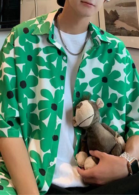 Boutique Green Peter Pan Collar Print Hawaiian Shirts Summer