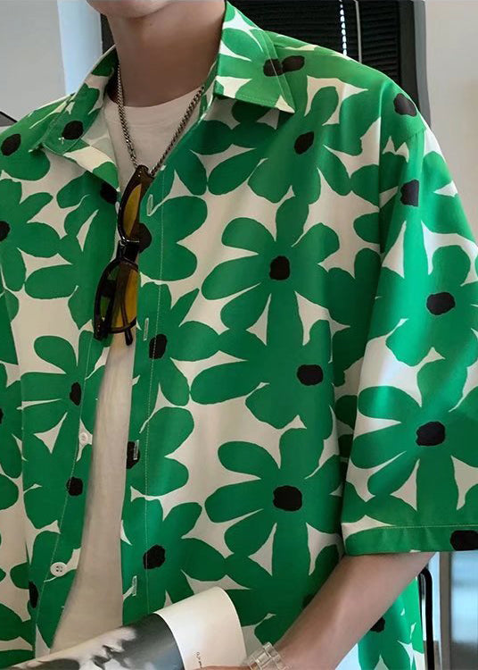 Boutique Green Peter Pan Collar Print Hawaiian Shirts Summer