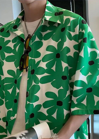 Boutique Green Peter Pan Collar Print Hawaiian Shirts Summer