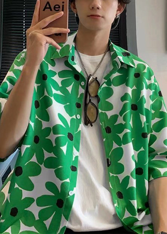 Boutique Green Peter Pan Collar Print Hawaiian Shirts Summer