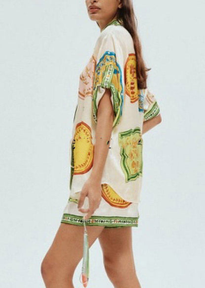 Boutique Green Peter Pan Collar Print Shirts and Shorts Two Piece Set Short Sleeve