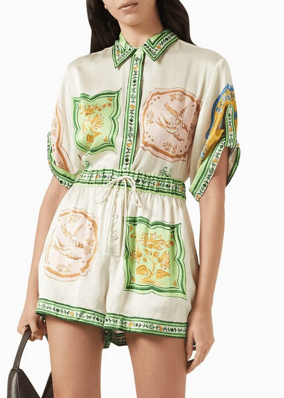 Boutique Green Peter Pan Collar Print Shirts and Shorts Two Piece Set Short Sleeve