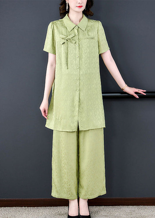 Boutique Green Peter Pan Collar Tops and Pants Silk 2 Piece Outfit Summer