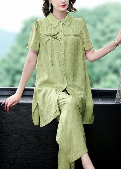 Boutique Green Peter Pan Collar Tops and Pants Silk 2 Piece Outfit Summer