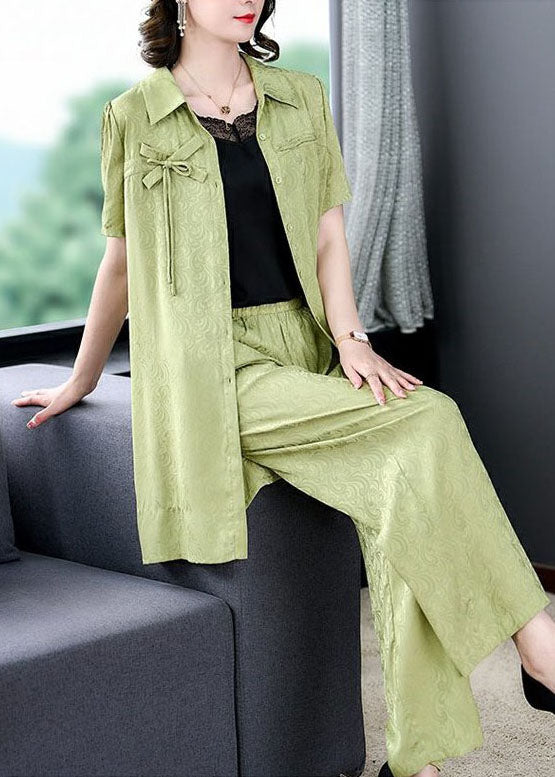 Boutique Green Peter Pan Collar Tops and Pants Silk 2 Piece Outfit Summer