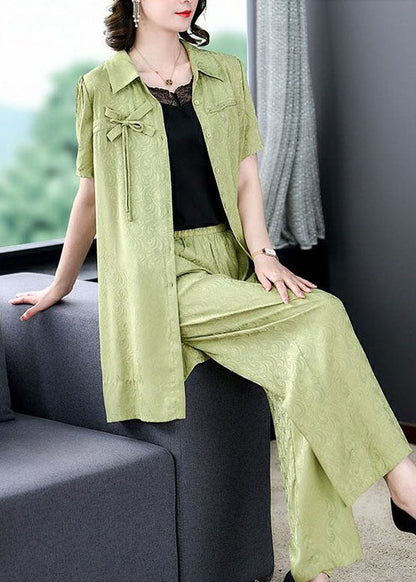 Boutique Green Peter Pan Collar Tops and Pants Silk 2 Piece Outfit Summer