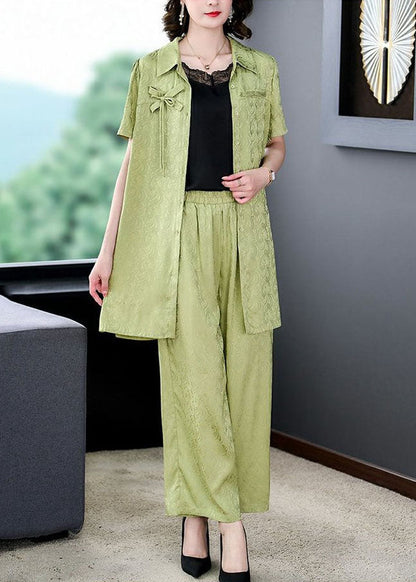 Boutique Green Peter Pan Collar Tops and Pants Silk 2 Piece Outfit Summer