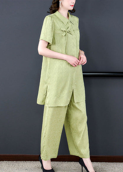 Boutique Green Peter Pan Collar Tops and Pants Silk 2 Piece Outfit Summer