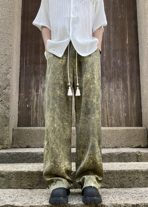 Boutique Green Pockets Print Ice Silk Pants Summer