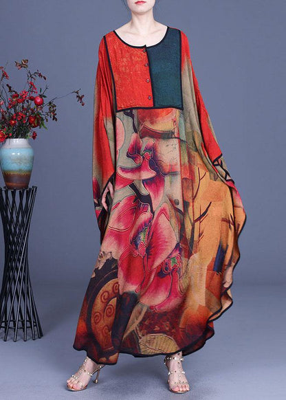 Boutique Green Print Button Retro O-neck Summer Chiffon Dresses