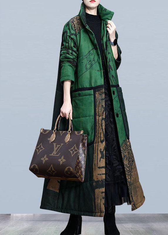 Boutique Green Print Pockets Thick Cotton Winter Long Sleeve Coat