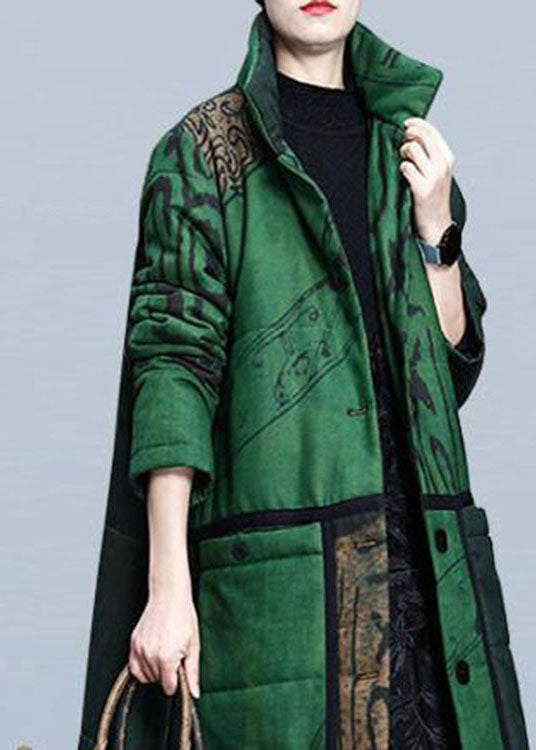Boutique Green Print Pockets Thick Cotton Winter Long Sleeve Coat