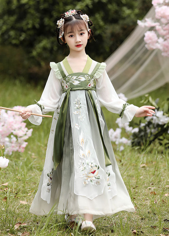 Boutique Green Ruffled Embroideried Patchwork Chiffon Kids Dress Long Sleeve