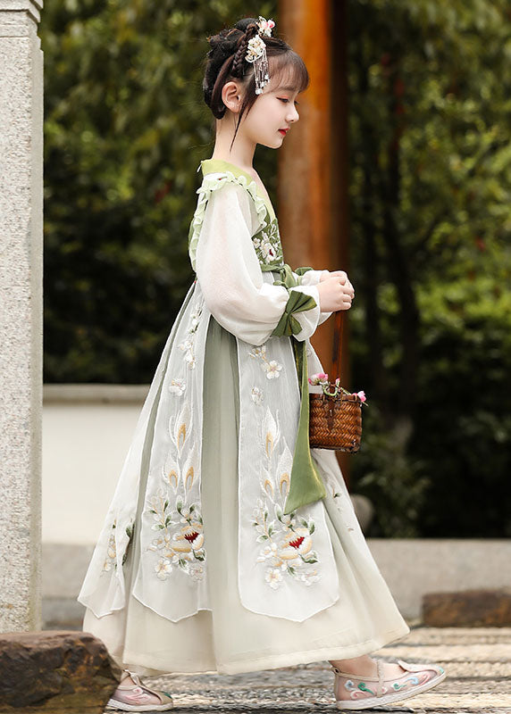 Boutique Green Ruffled Embroideried Patchwork Chiffon Kids Dress Long Sleeve