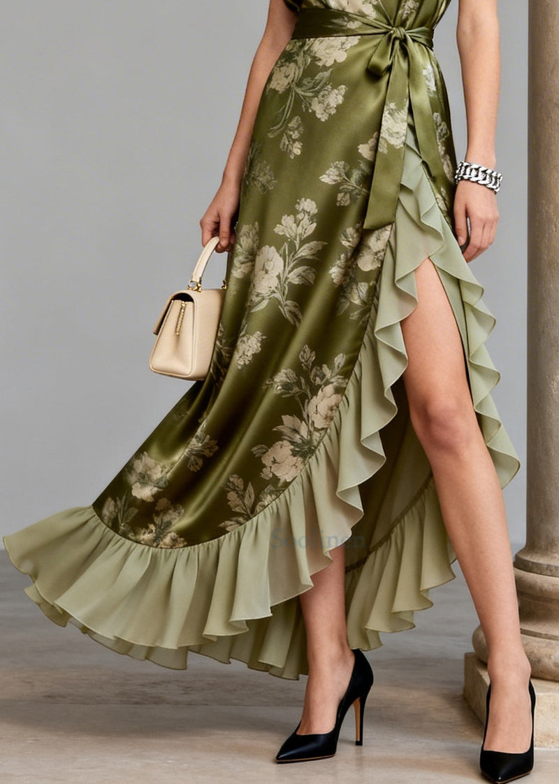 Boutique Green Ruffled Patchwork Print Chiffon Long Dresses Summer