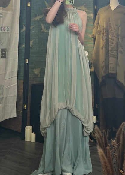 Boutique Green Halter Wrinkled Silk Dress Sleeveless