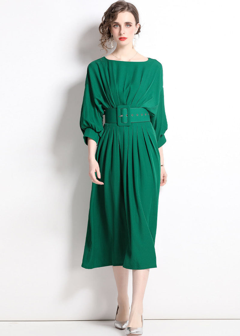 Boutique Green Color Sashes Chiffon Pleated Dress Batwing Sleeve