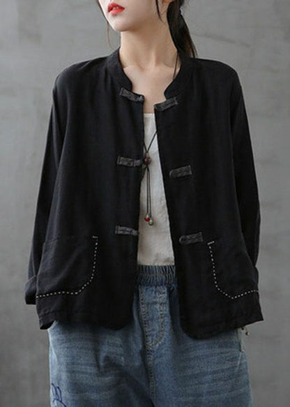 Boutique Grey Flowers Stand Collar Embroideried Patchwork Linen Coat