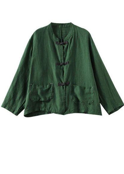 Boutique Grey Flowers Stand Collar Embroideried Patchwork Linen Coat