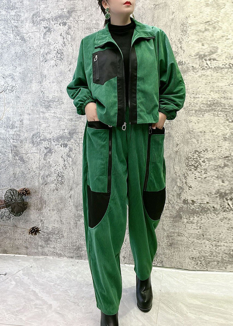 Boutique Green Stand Collar Zippered Warm Fleece Corduroy Coats and Pants Two Pieces Set Winter