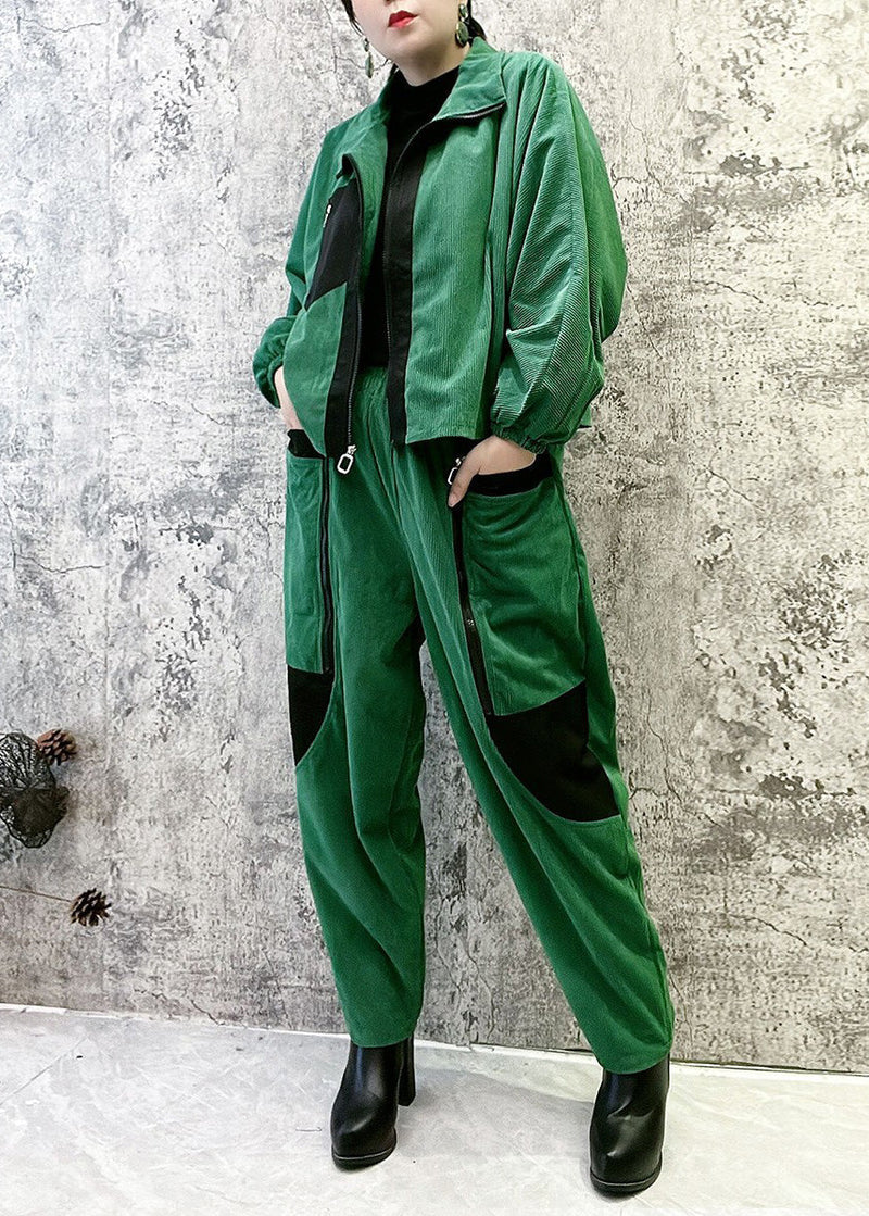 Boutique Green Stand Collar Zippered Warm Fleece Corduroy Coats and Pants Two Pieces Set Winter