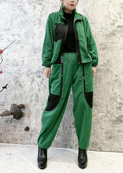 Boutique Green Stand Collar Zippered Warm Fleece Corduroy Coats and Pants Two Pieces Set Winter
