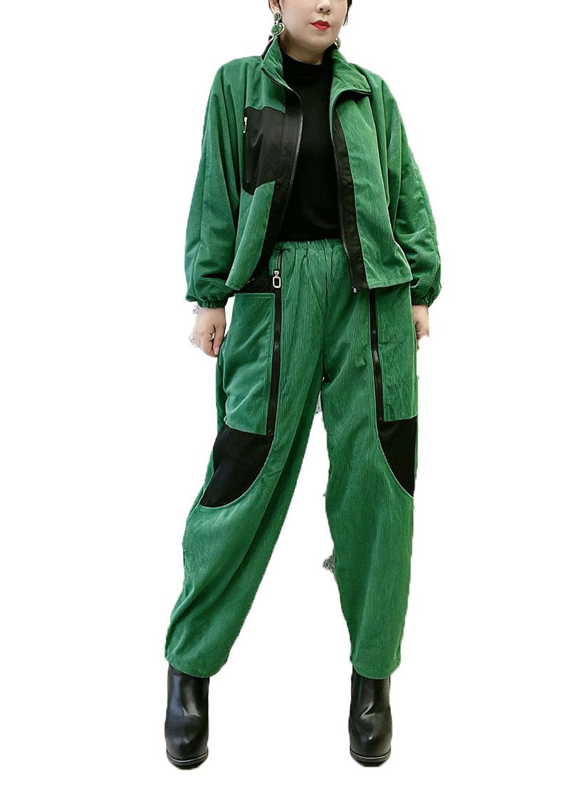 Boutique Green Stand Collar Zippered Warm Fleece Corduroy Coats and Pants Two Pieces Set Winter